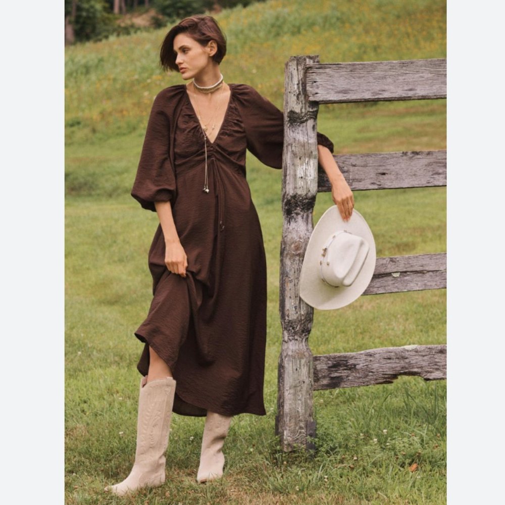 NWT Anthropologie Maeve Chocolate Brown Deep-V Ruched Puff Sleeve Midi Dress